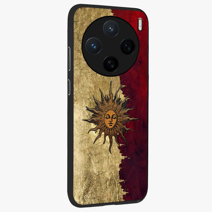 Crimson Sun Majesty Glass Case upright view showcasing vibrant sun artwork with powerful celestial theme.