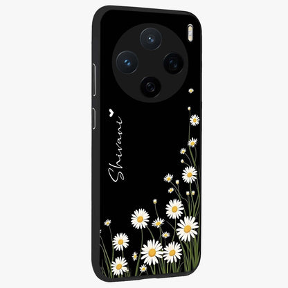 Daisy Cascade Custom Name Glass Case upright view showcasing elegant floral cascade design with personalized aesthetic.
