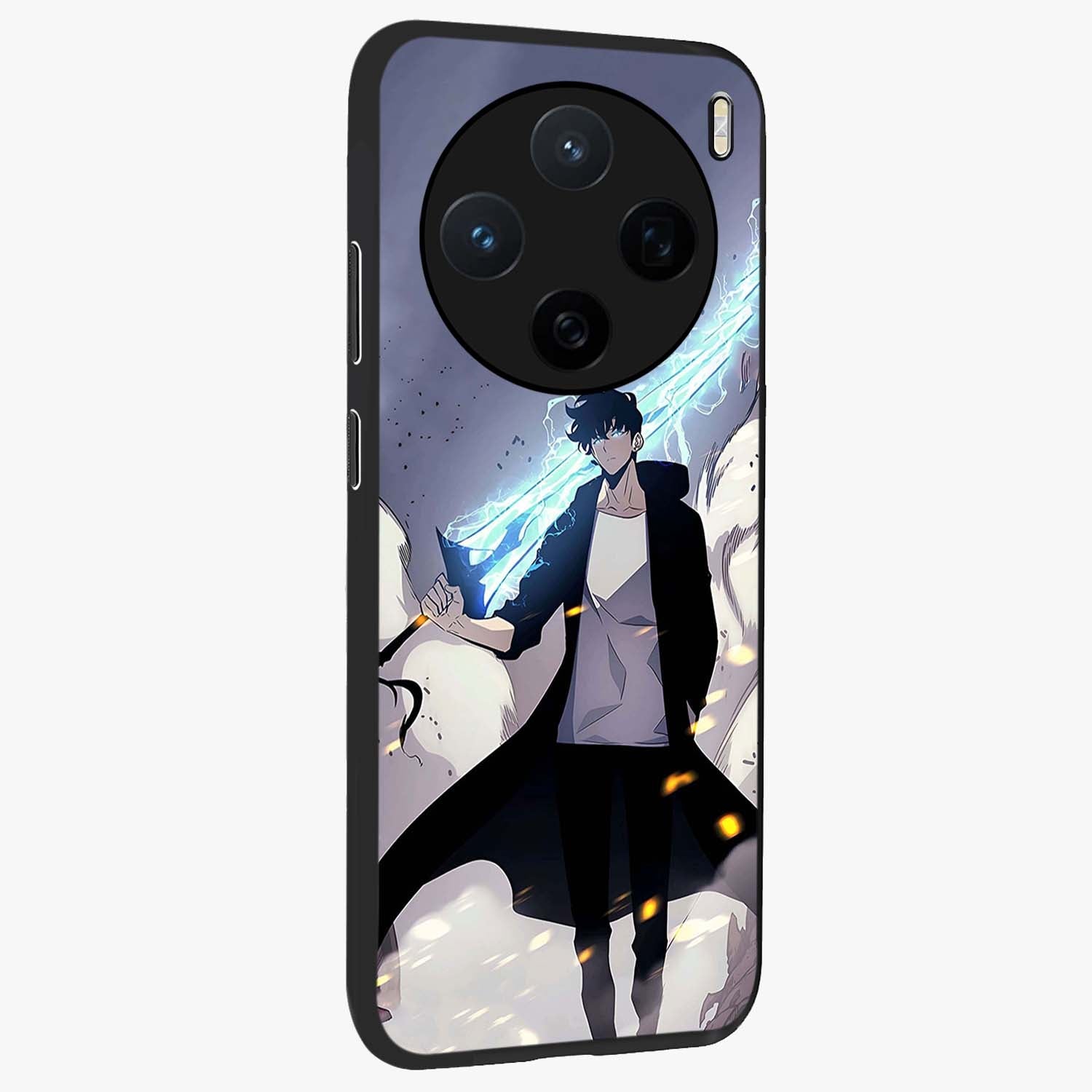 Dark Lightning Anime Warrior Glass Case upright view showcasing dramatic warrior artwork with dark lightning aesthetic.