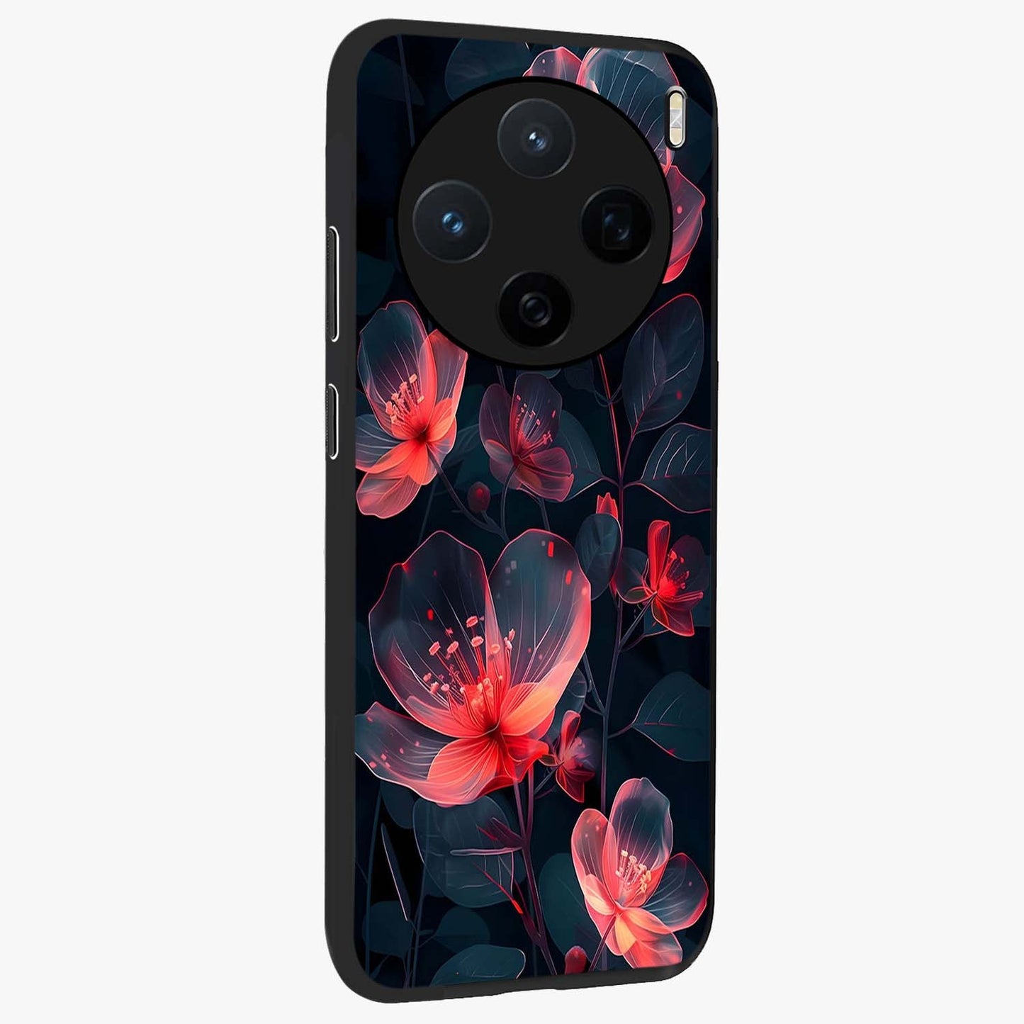 Dark Shade of Flower Glass Case upright view showcasing delicate flower artwork with rich dark floral theme.