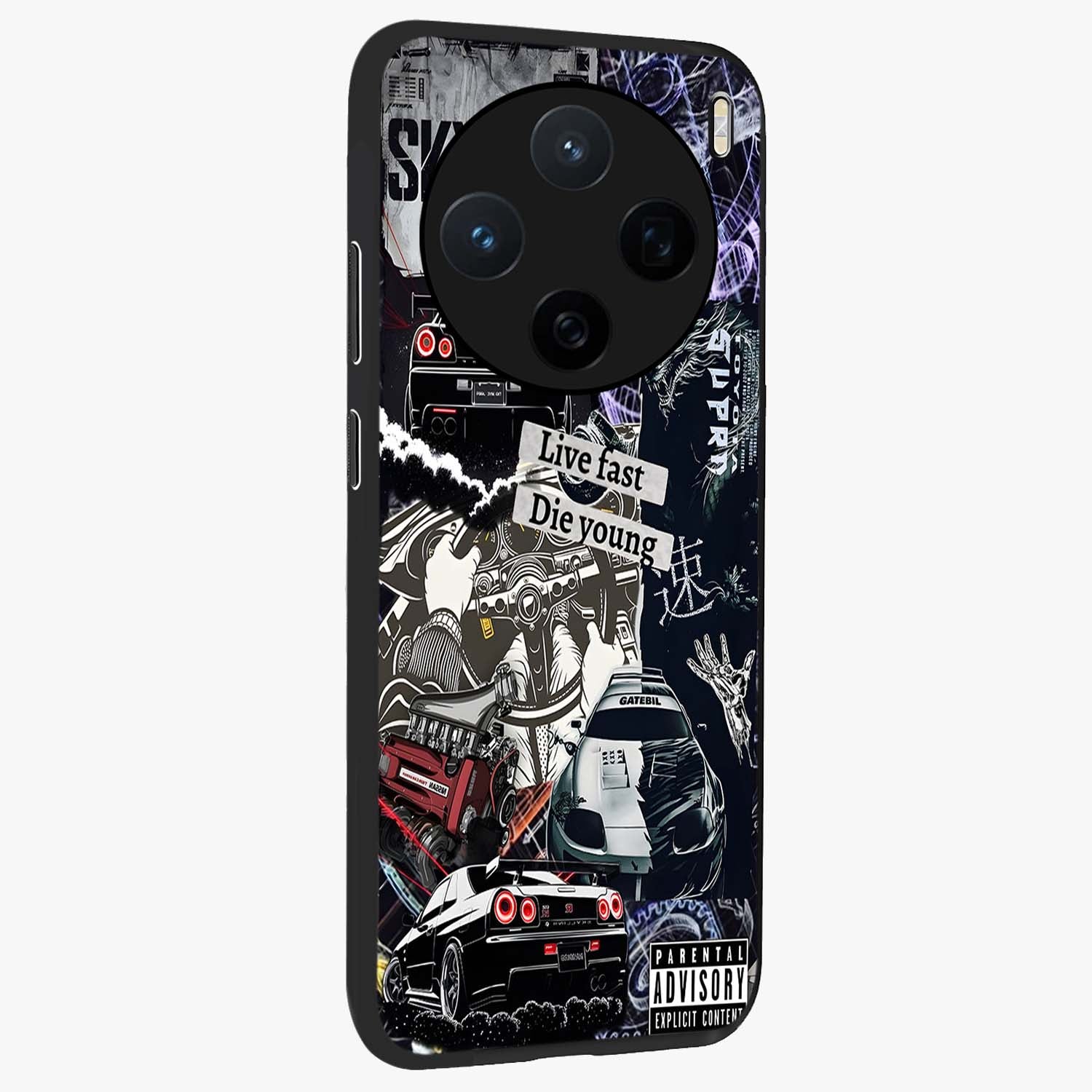 Die Young Glass Case upright view showcasing striking typography artwork with modern statement theme.