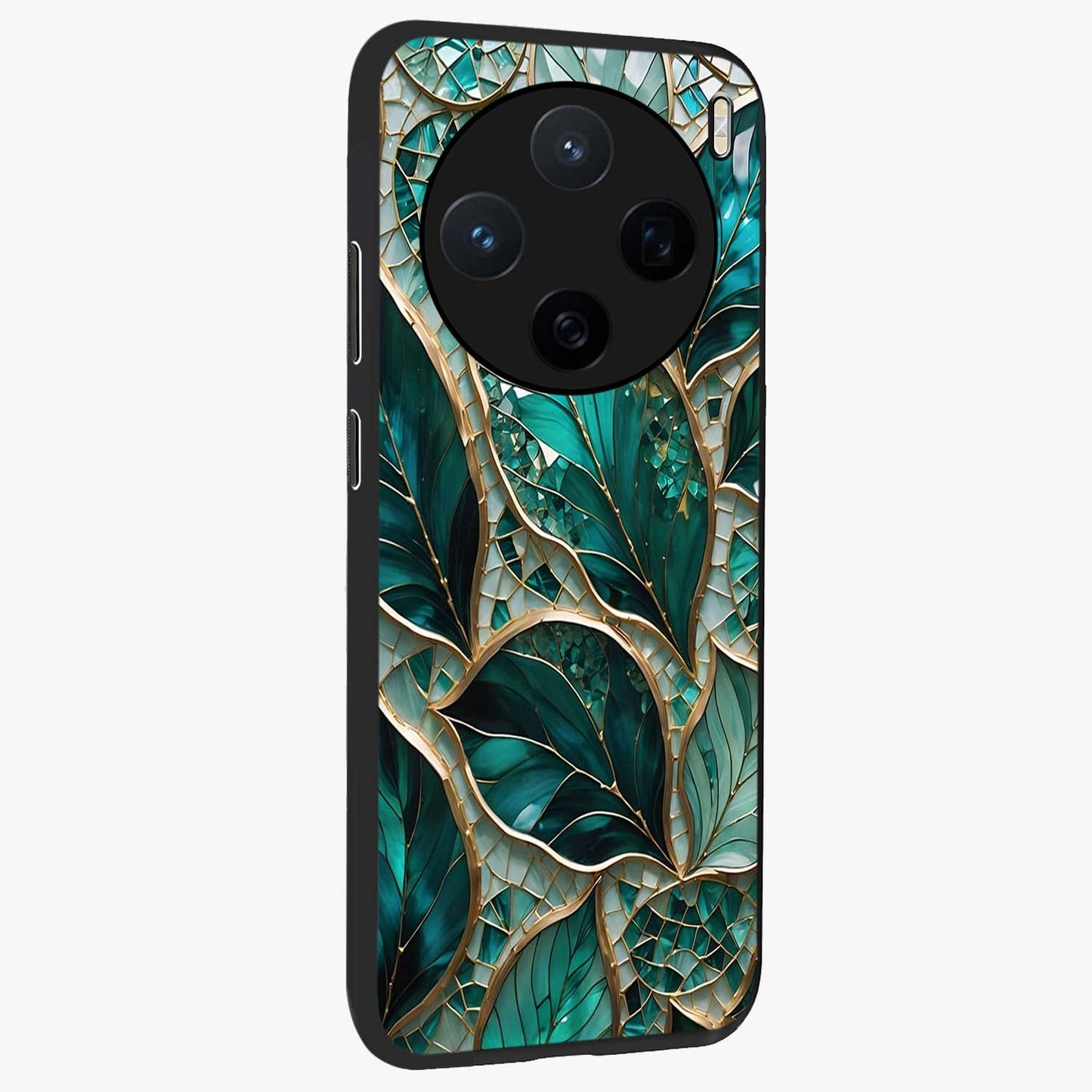Emerald Leaf Glass Glass Case upright view showcasing fresh green leaf artwork with calming nature inspired style.