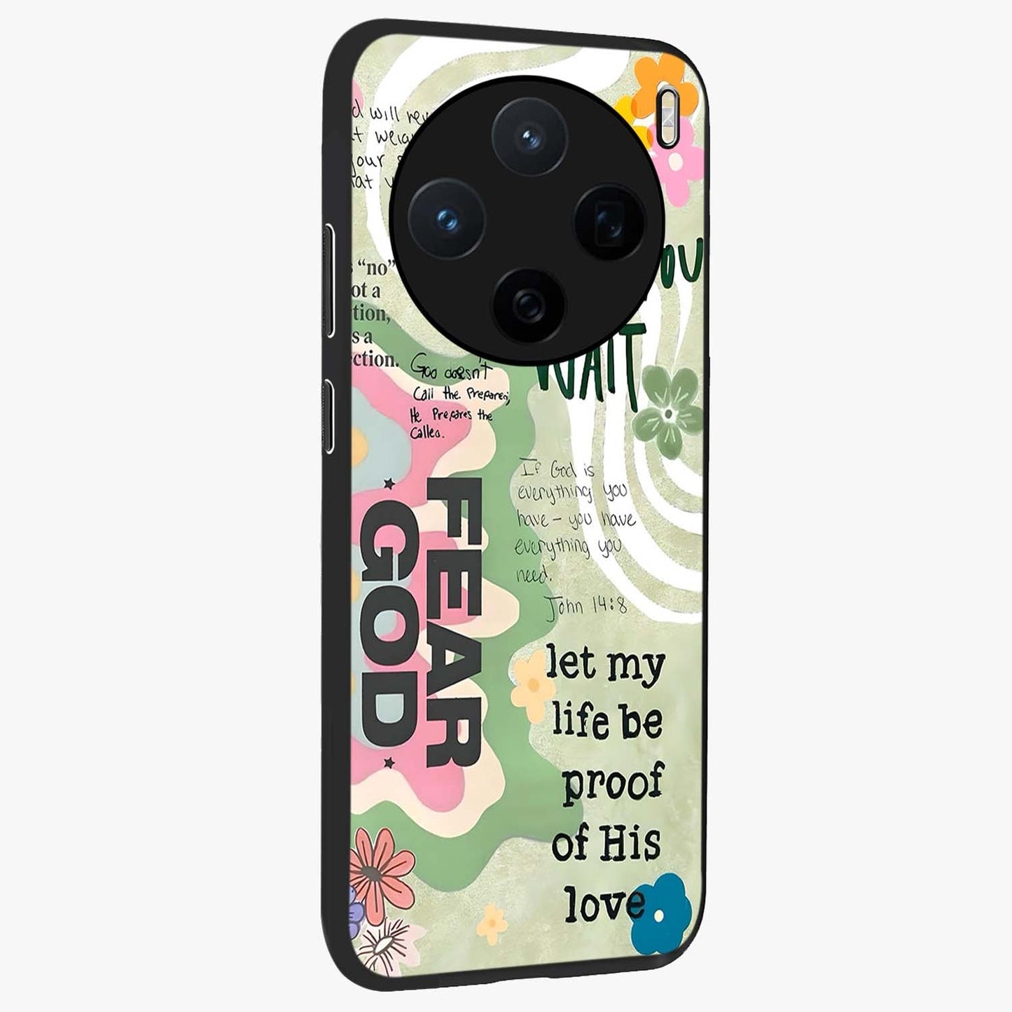 Faith Over Fear Glass Case upright view showcasing bold typography artwork with uplifting motivational theme.
