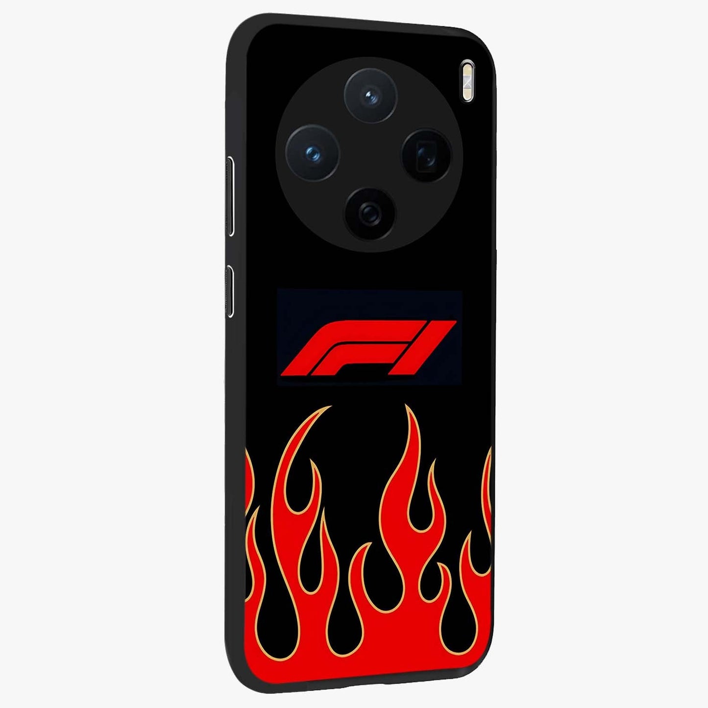 Fire F11 Glass Case upright view showcasing dynamic flame artwork with intense visual theme.