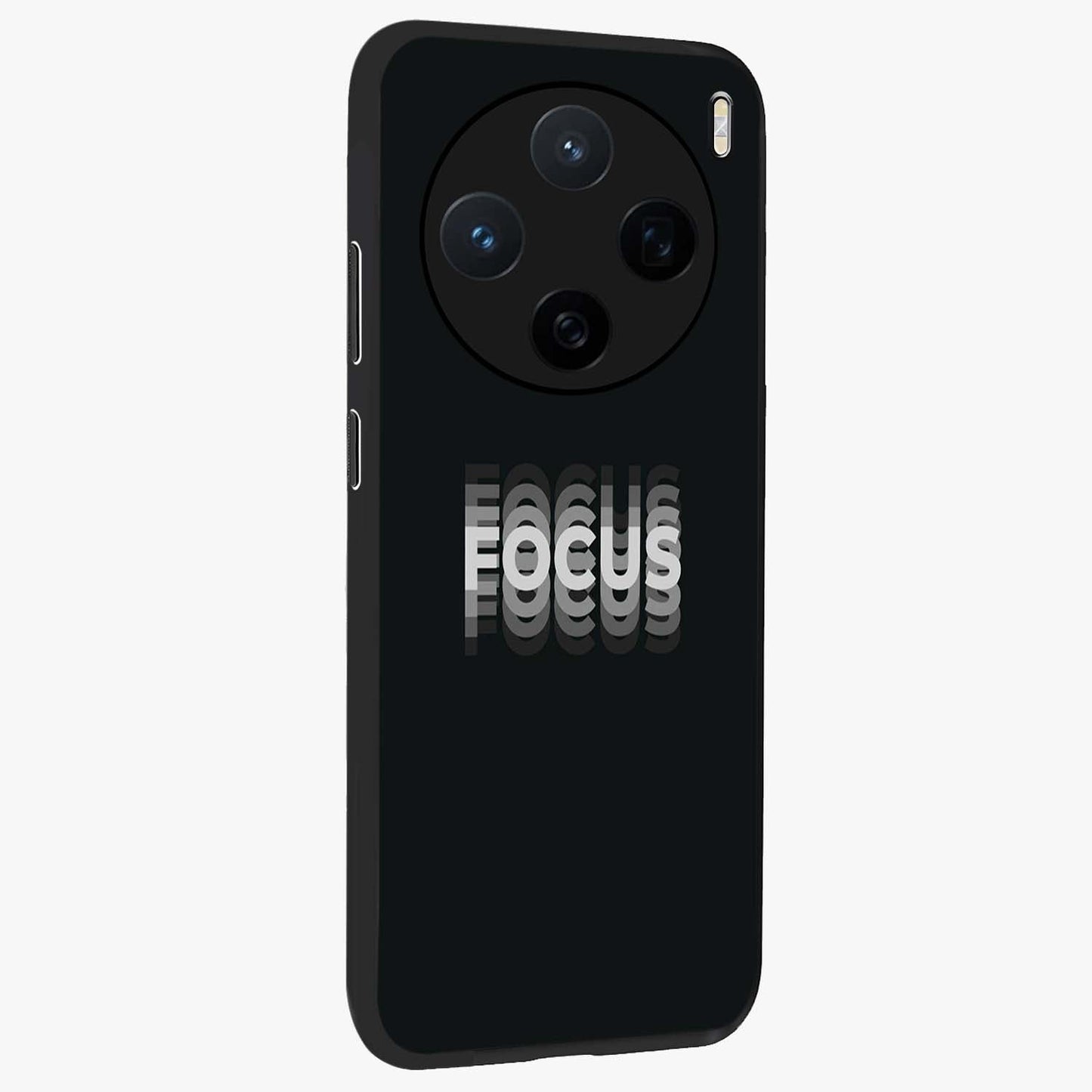 Focus Mode On Glass Case upright view showcasing strong typography statement with sleek motivational theme.