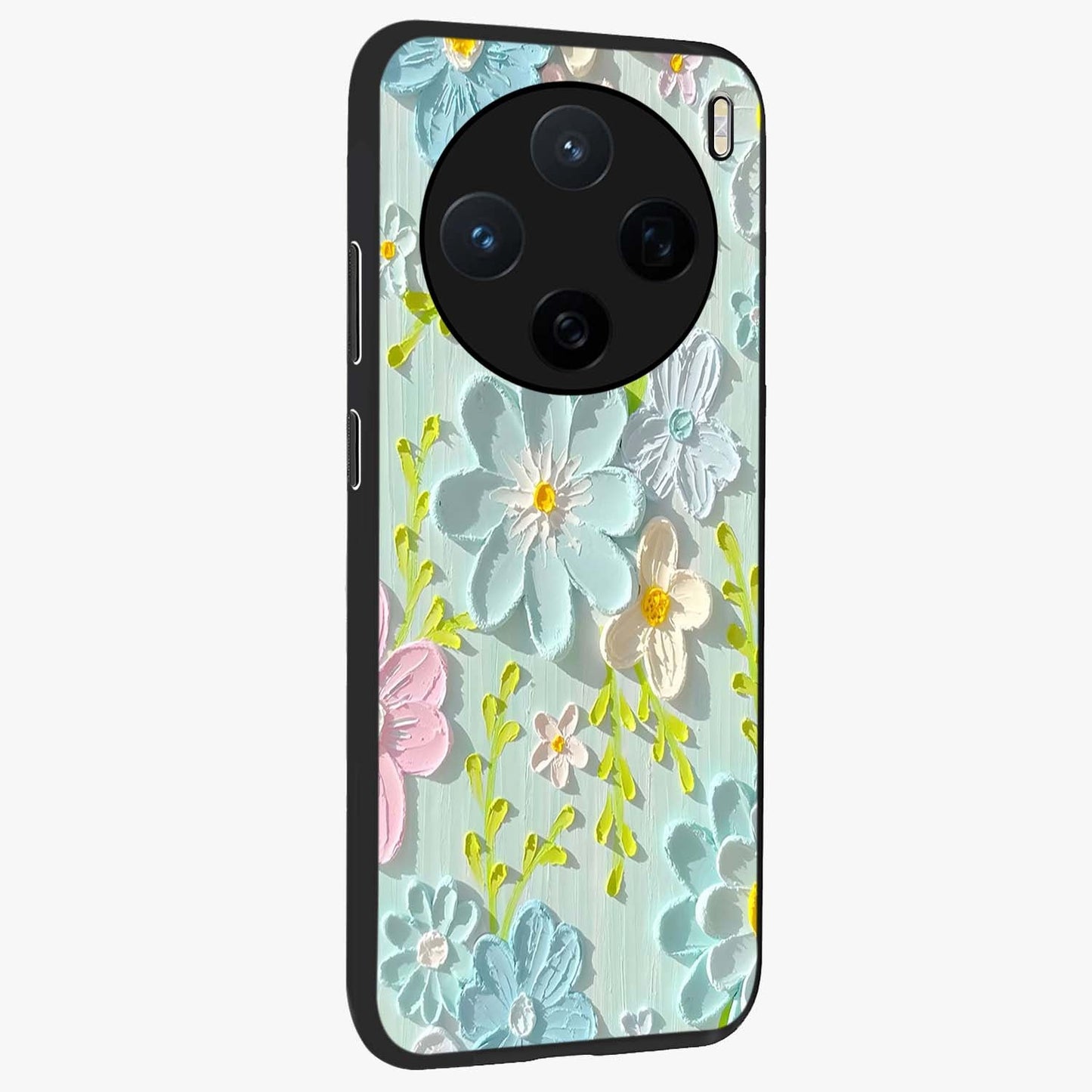 Frosted Petal Garden Glass Case upright view showcasing elegant floral garden artwork with soothing pastel theme.