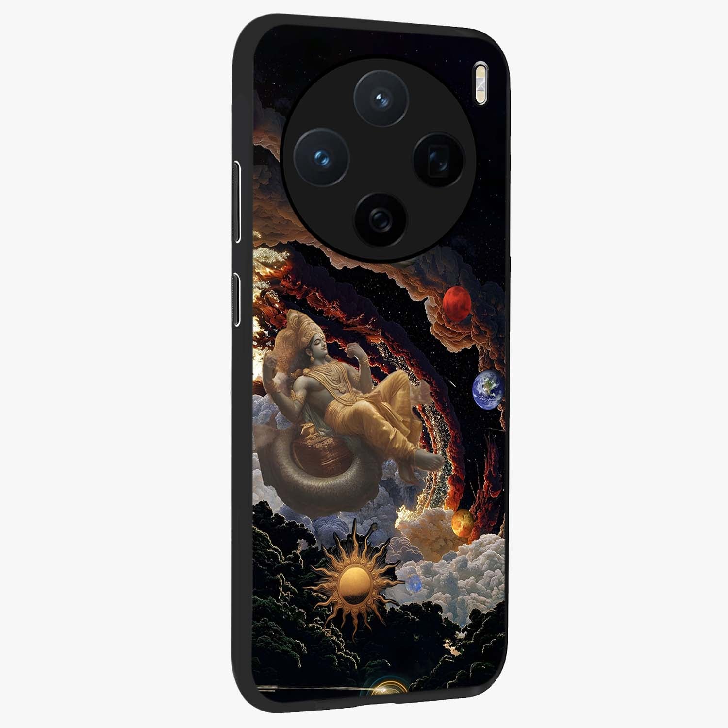 Galactic Divine God Glass Case upright view showcasing mystical divine artwork with dramatic cosmic theme.