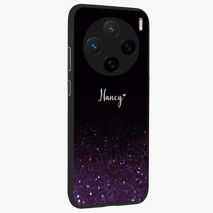 Glittery Purple Bokeh Custom Name Glass Case upright view showcasing vibrant purple sparkle artwork with personalized aesthetic style.