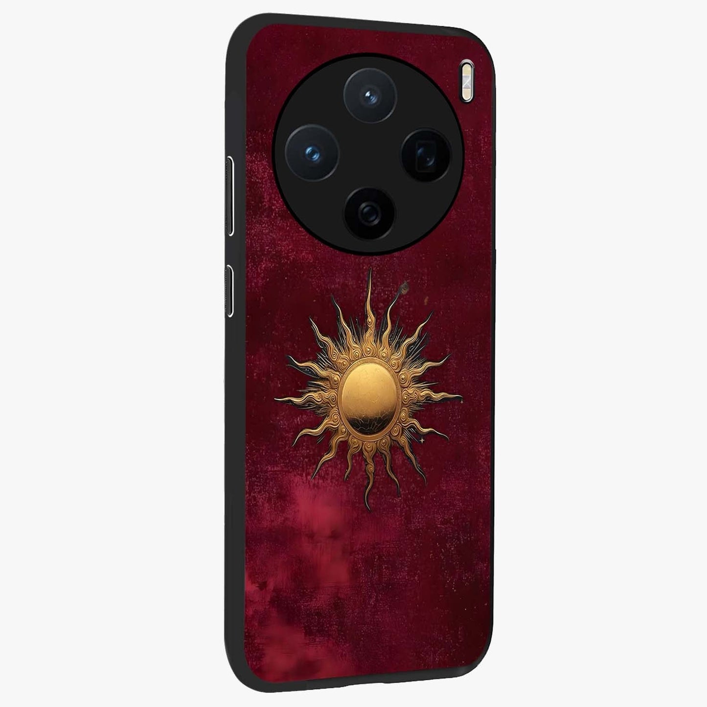 Golden Sun Minimalism Glass Case upright view showcasing simple golden sun artwork with elegant minimalist style.
