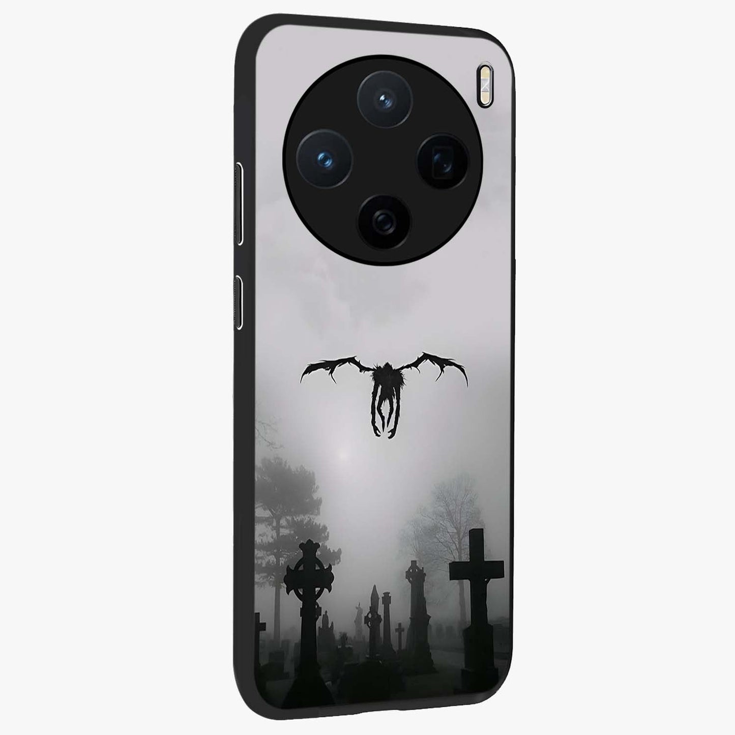 Graveyard Shadow Descent Glass Case upright view showcasing haunting graveyard artwork with dramatic dark theme.