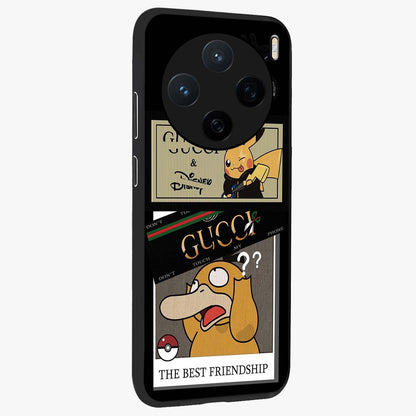 Gucci Play Mashup Glass Case upright view showcasing trendy luxury inspired artwork with modern fashion theme.