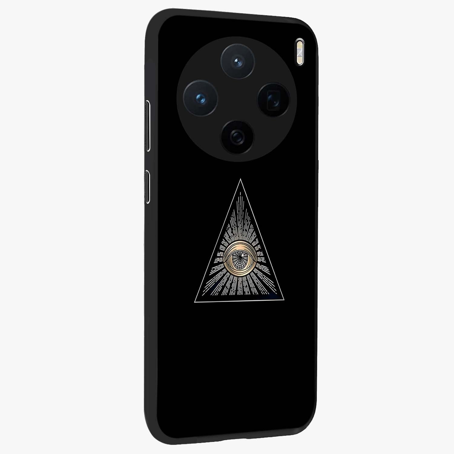 Illuminati Evil Glass Case upright view showcasing striking illuminati artwork with mysterious symbolic theme.