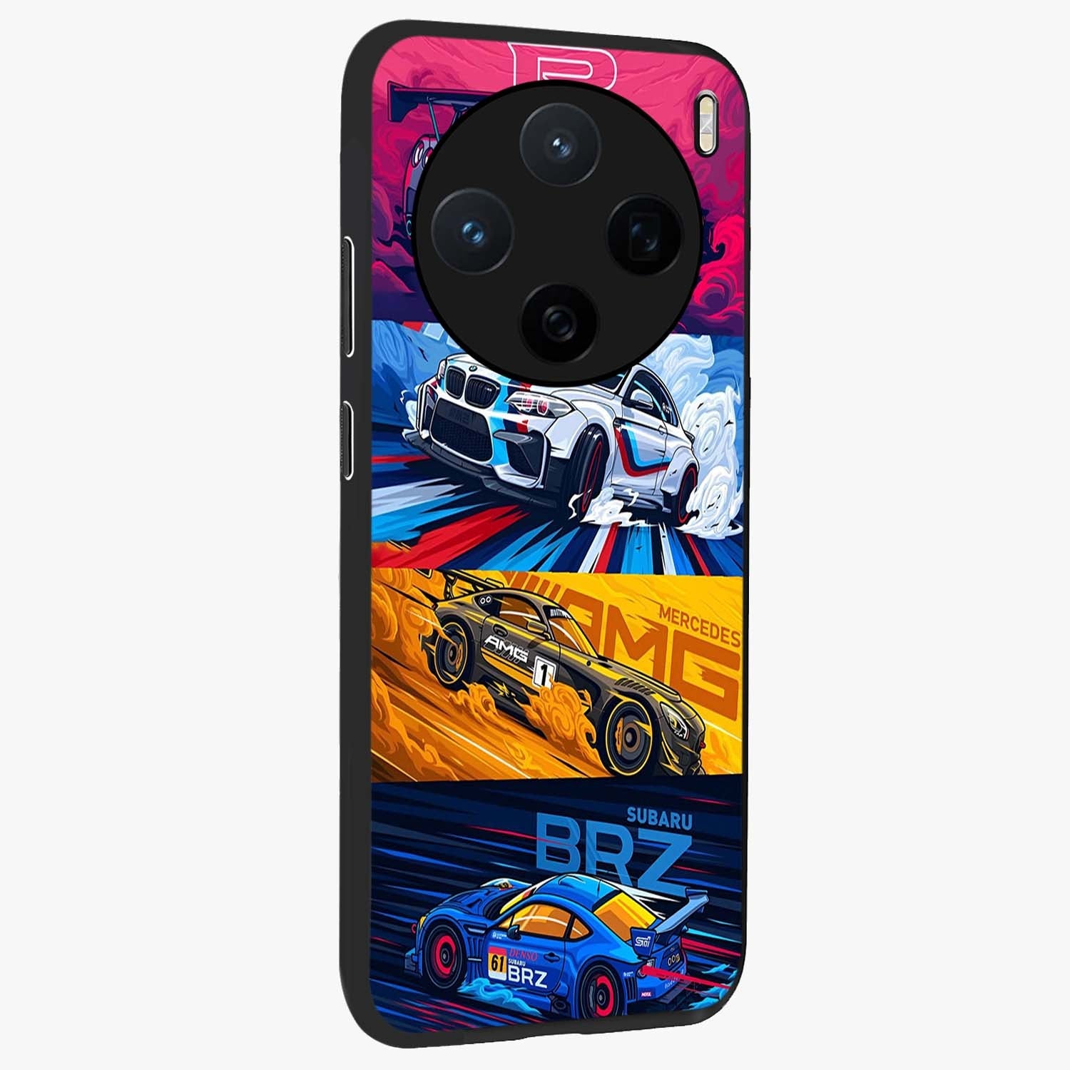 JDM Sports Car Glass Case upright view showcasing dynamic sports car artwork with bold racing theme.