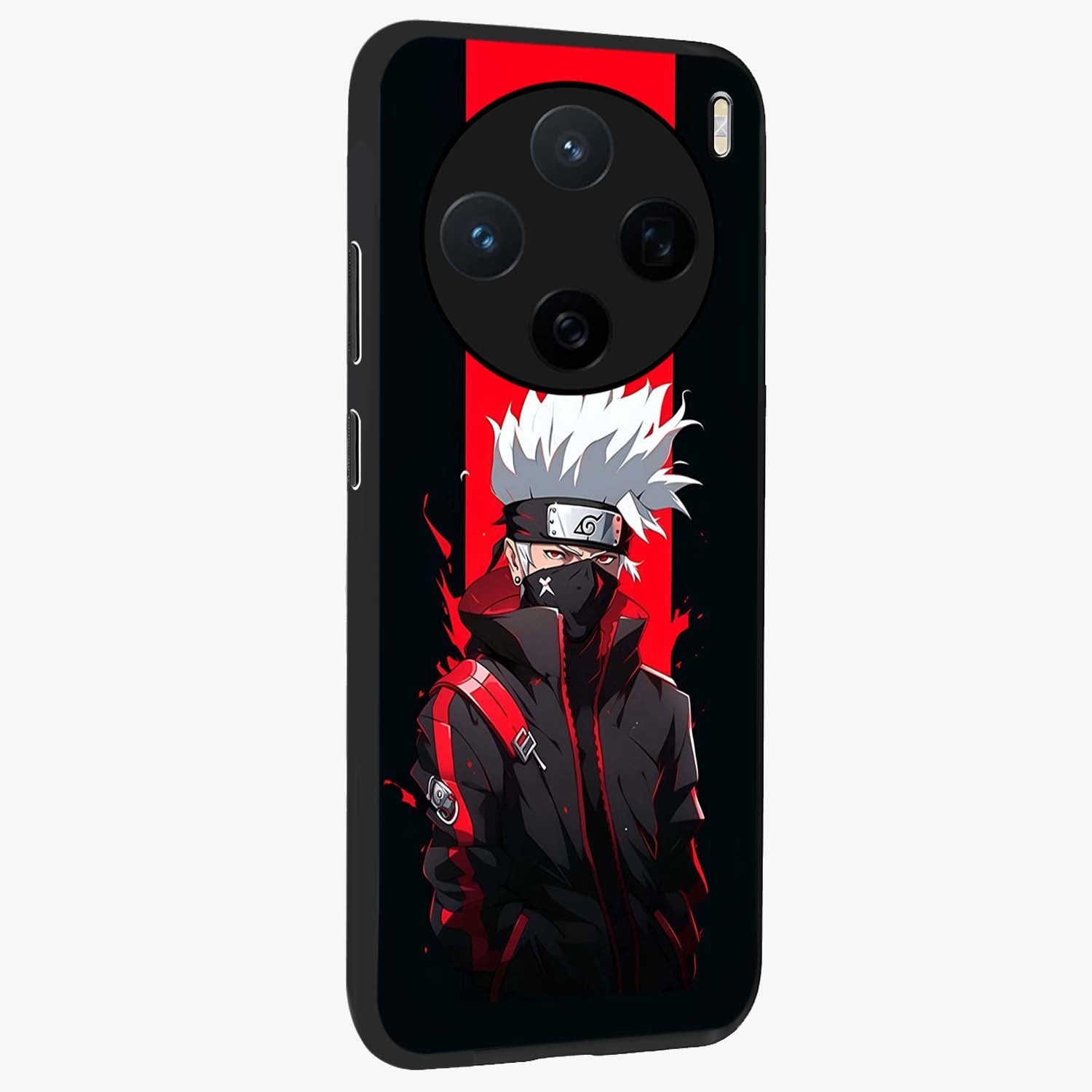 Kakashi Scarlet Shadow Glass Case upright view showcasing intense anime ninja artwork with dark action theme.