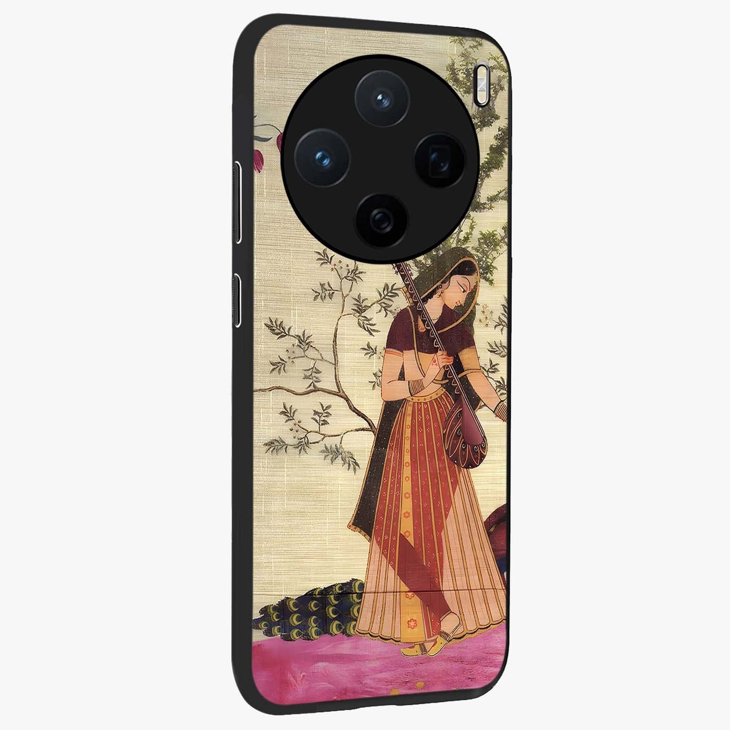 Lady With Veena Art Glass Case upright view showcasing classical veena artwork with traditional artistic theme.