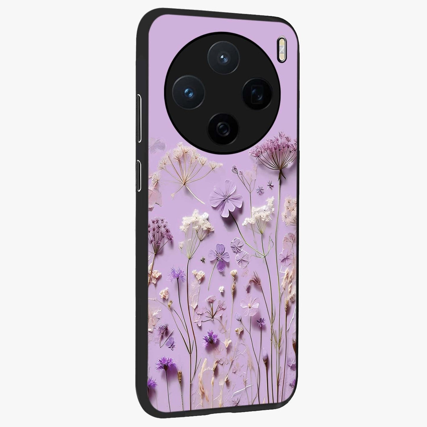 Lavender Blossom Dream Glass Case upright view showcasing delicate lavender blossom artwork with peaceful floral theme.