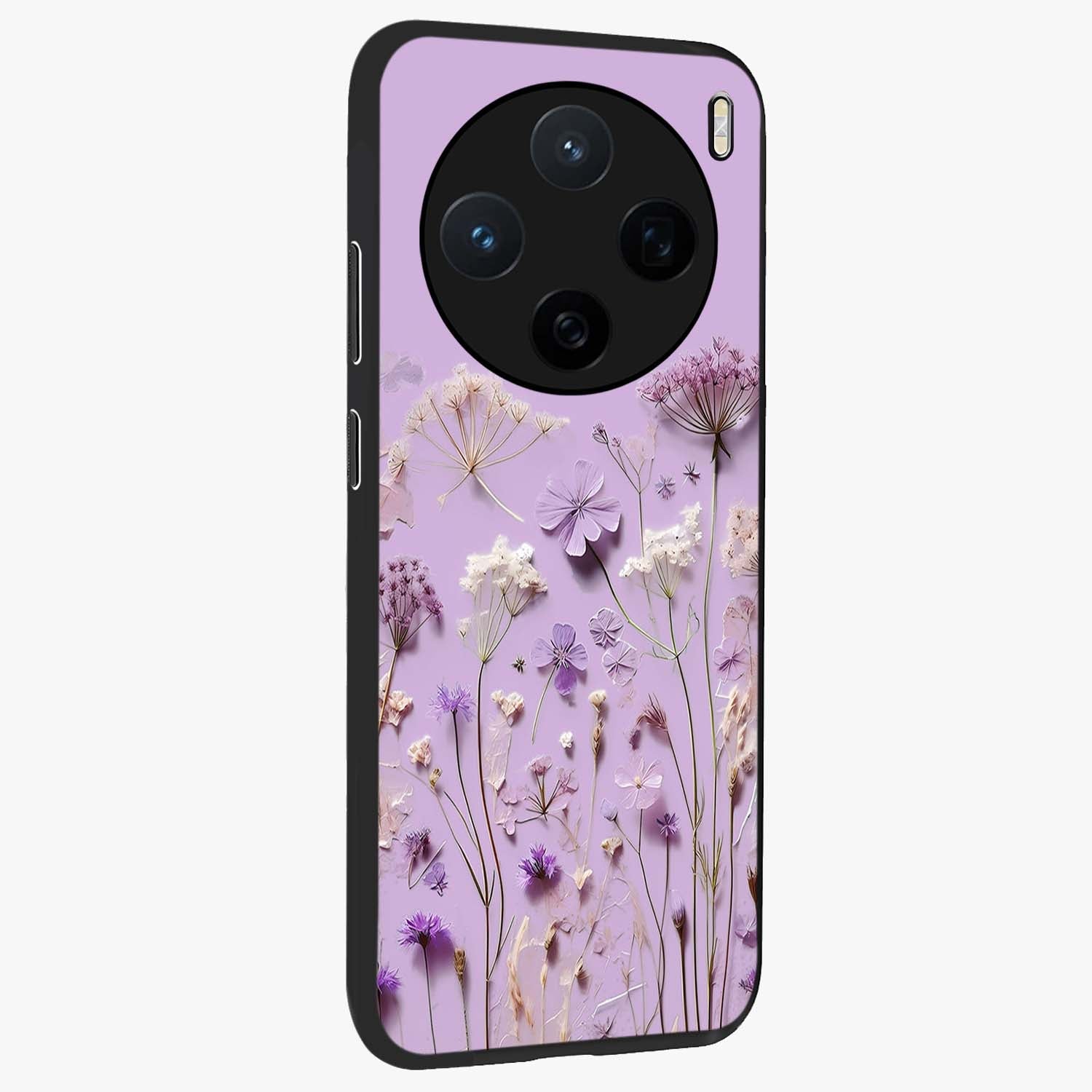 Lavender Blossom Dream Glass Case upright view showcasing delicate lavender blossom artwork with peaceful floral theme.