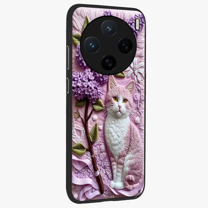 Lavender Cat Whimsy Glass Case upright view showcasing charming cat artwork with whimsical lavender theme.