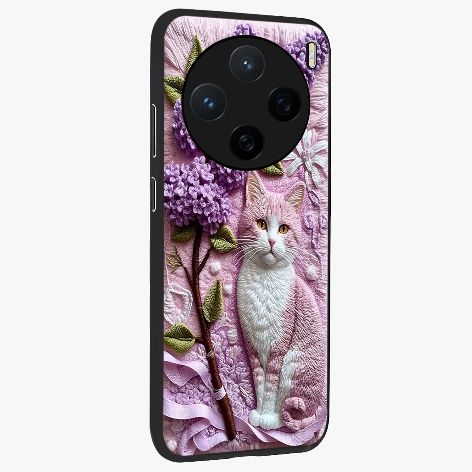 Lavender Cat Whimsy Glass Case upright view showcasing charming cat artwork with whimsical lavender theme.