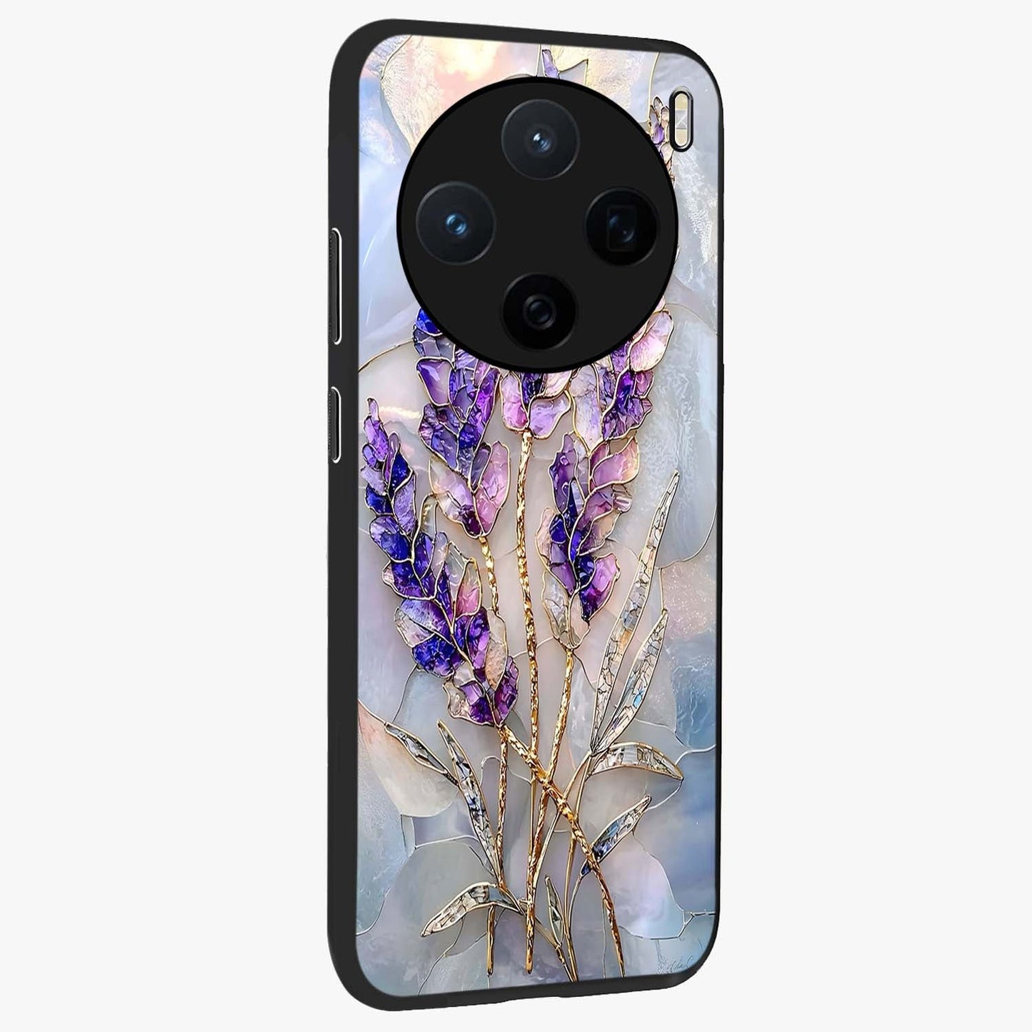 Lavender Dream Glow Glass Case upright view showcasing radiant lavender glow artwork with calming dreamy theme.