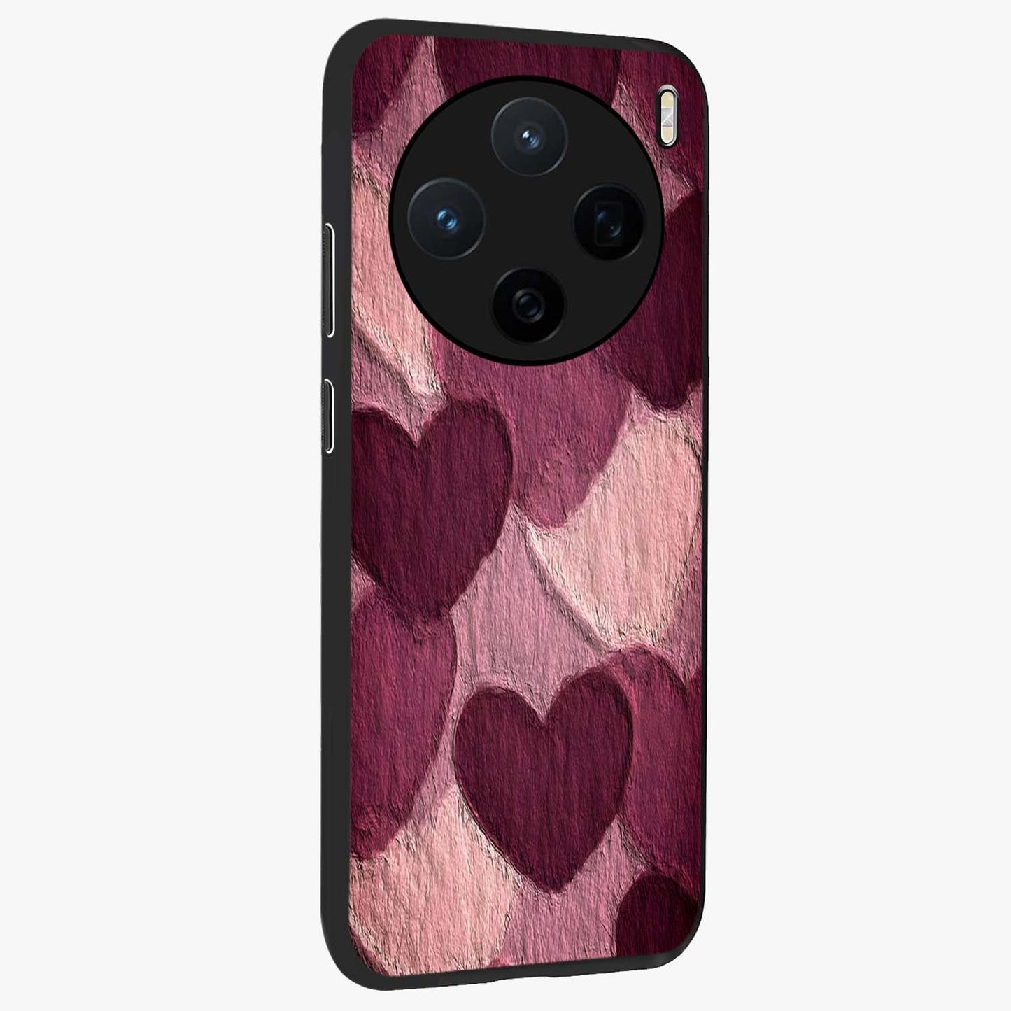 Layered Paper Hearts Glass Case upright view showcasing decorative layered heart artwork with sweet love theme.