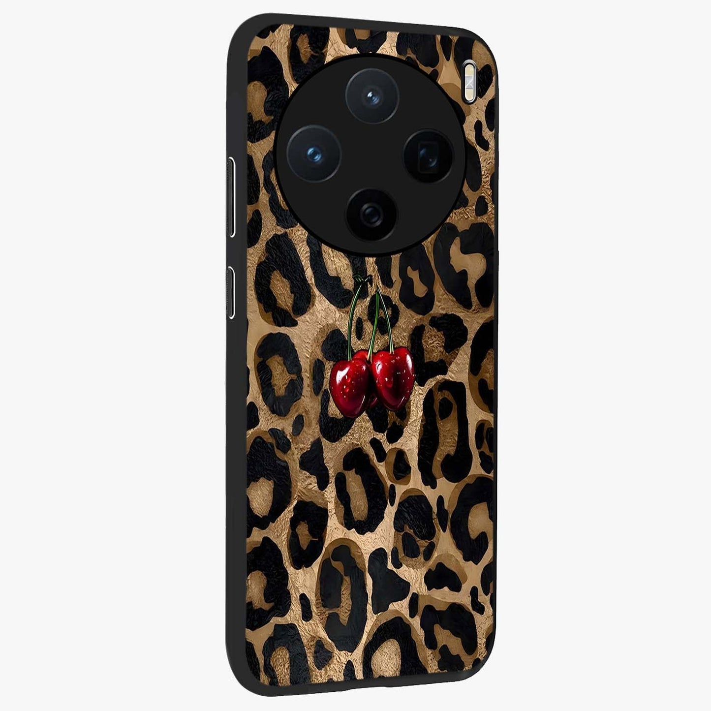 Leopard Wild Cherry Glass Case upright view showcasing stylish leopard pattern artwork with trendy fashion theme.