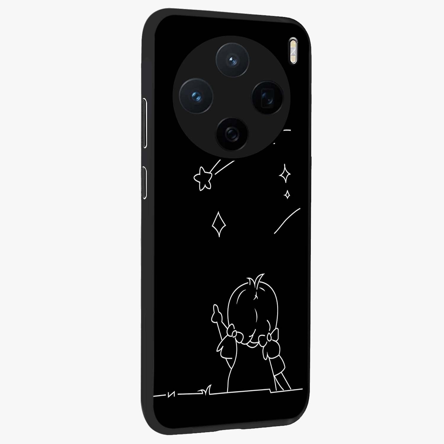 Line Art Girl With Shooting Stars Glass Case upright view showcasing delicate shooting stars artwork with minimal artistic theme.