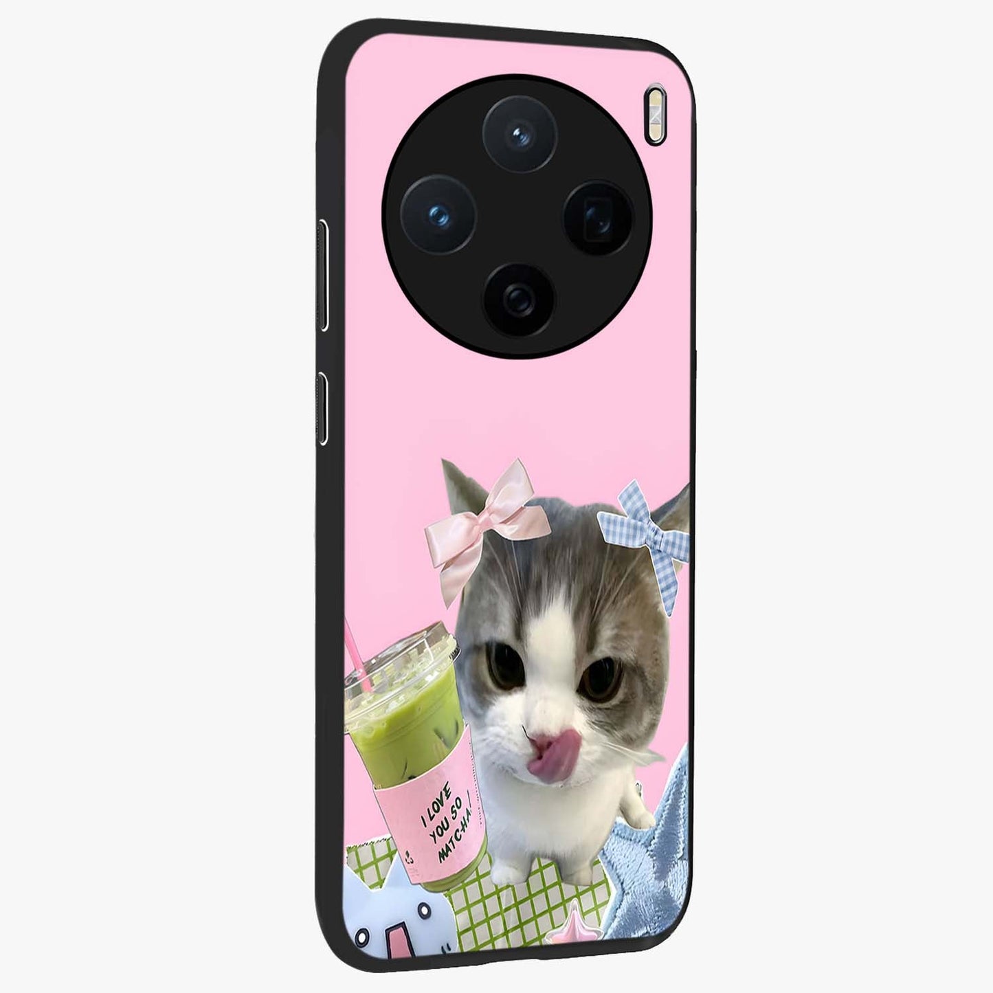 Love Matcha Cat Glass Case upright view showcasing adorable cat artwork with charming matcha themed design.