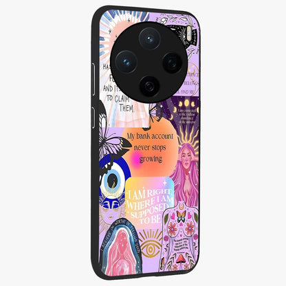 Manifestation Collage Glass Case upright view showcasing artistic manifestation themed artwork with creative style.
