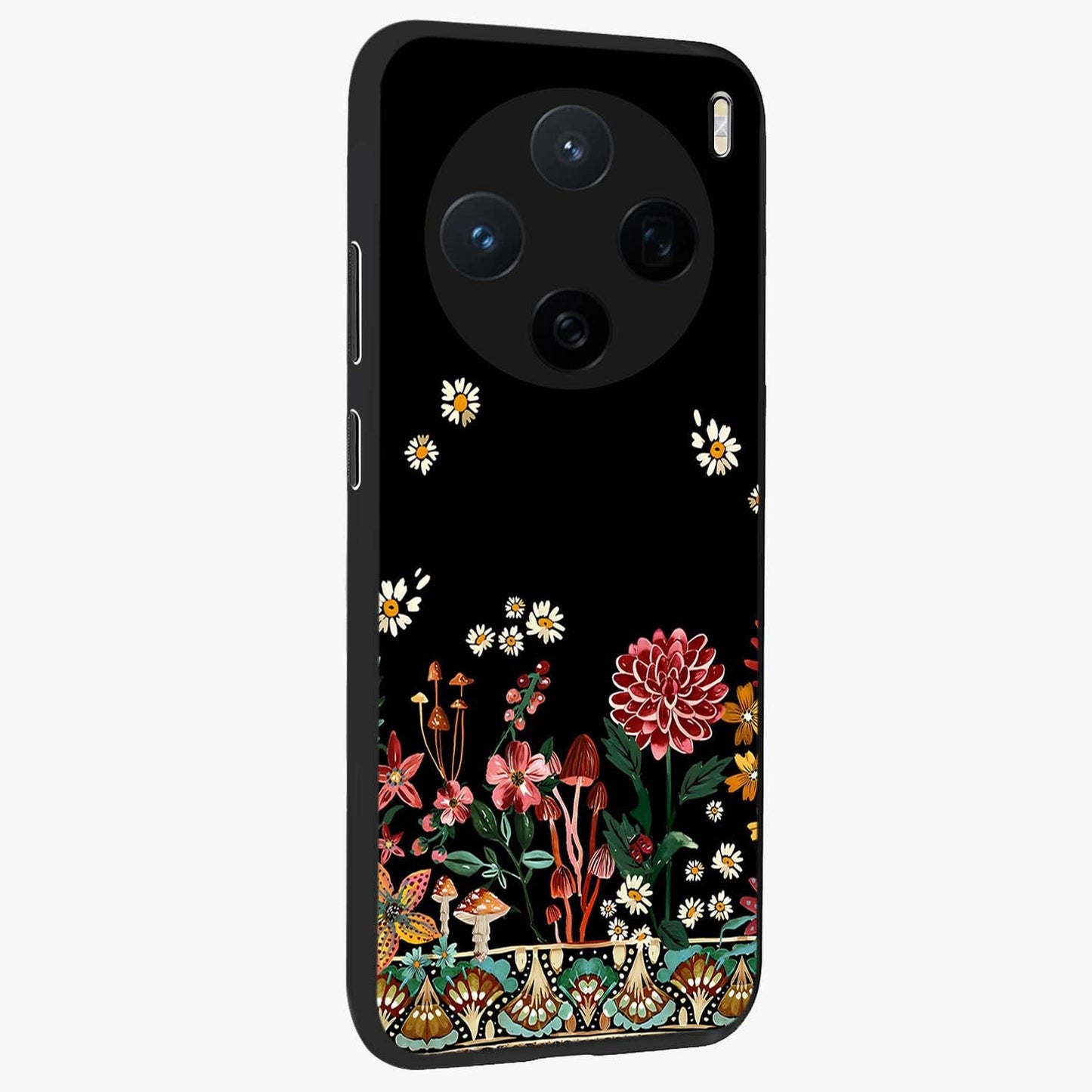 Midnight Bloom Pattern Glass Case upright view showcasing decorative floral artwork with deep night themed palette.