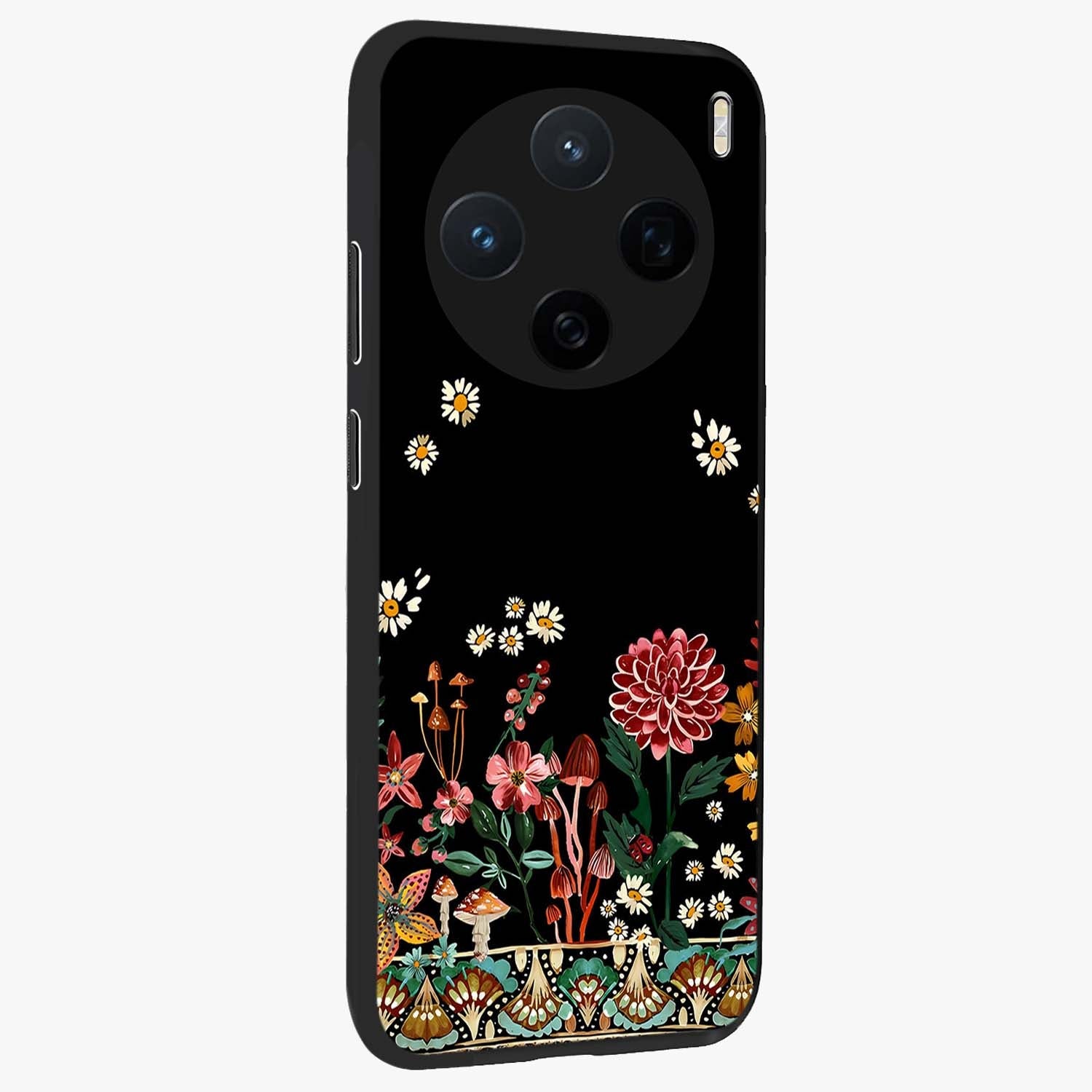 Midnight Bloom Pattern Glass Case upright view showcasing decorative floral artwork with deep night themed palette.