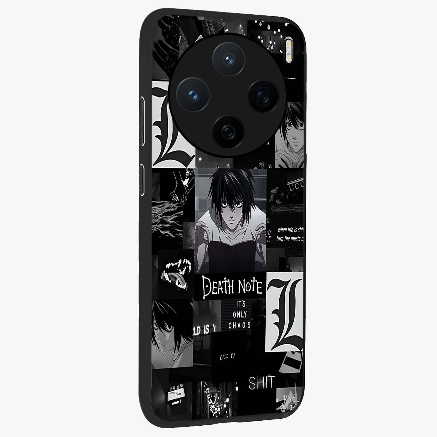 Midnight Chaos Mind Glass Case upright view showcasing expressive abstract artwork with bold dark theme.
