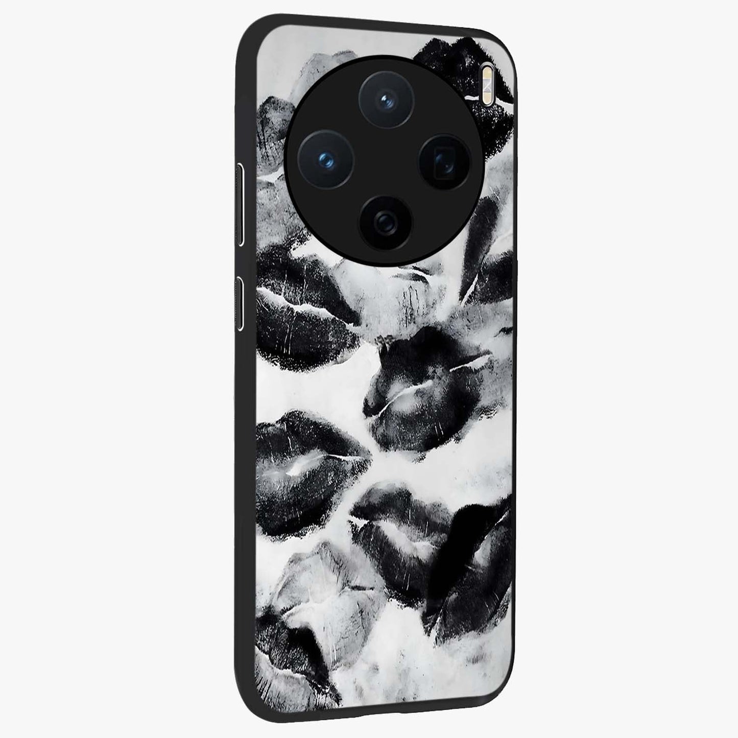 Midnight Kiss Marks Glass Case upright view showcasing stylish kiss mark artwork with trendy romantic theme.