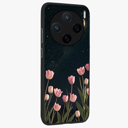 Midnight Tulip Whispers Vibe Glass Case upright view showcasing graceful tulip artwork with calm botanical theme.