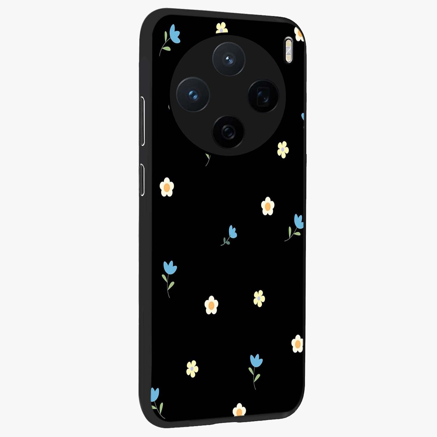 Minimal Petal Whispers Glass Case upright view showcasing elegant floral artwork with modern minimalist style.
