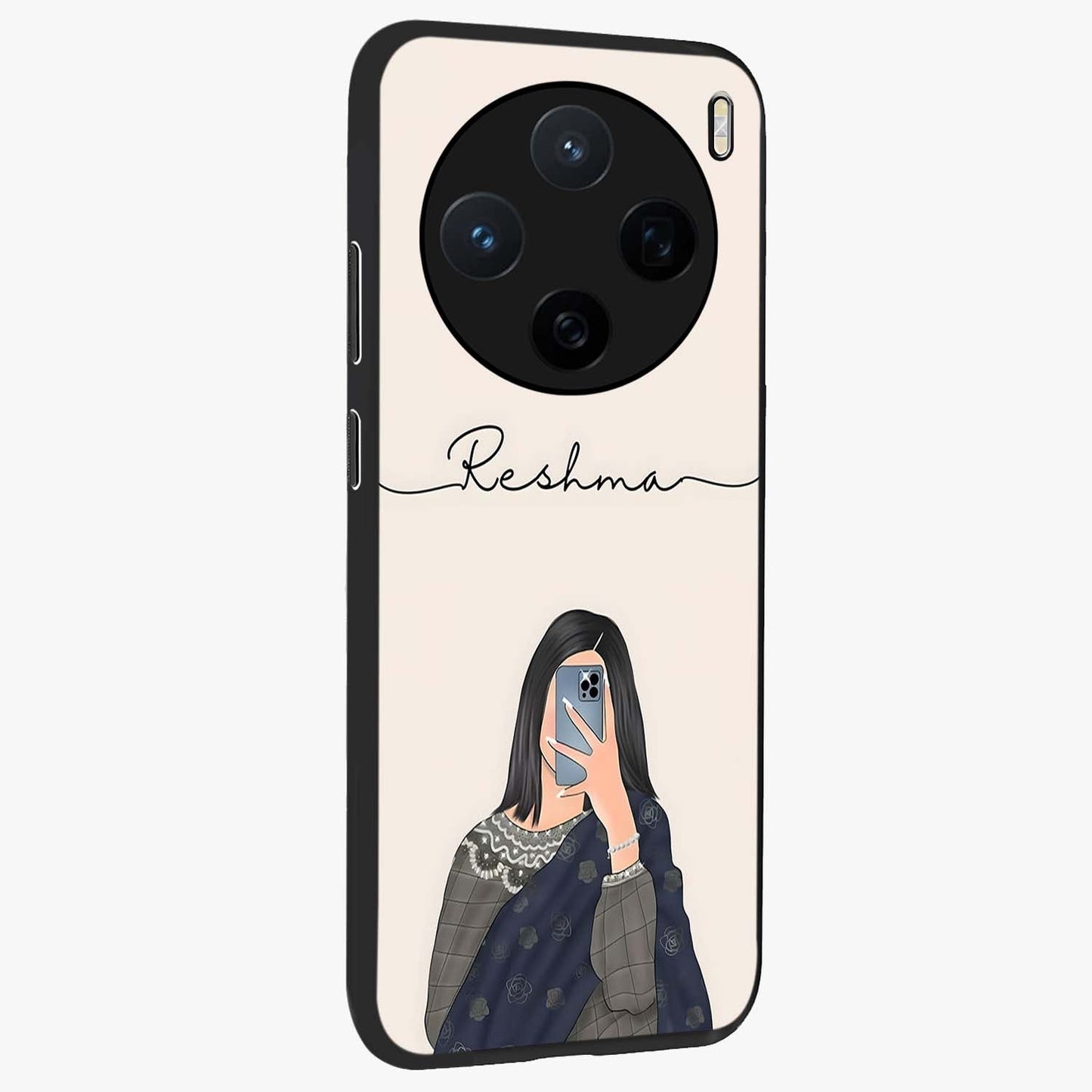 Mirror Mood Muse With Custom Name Glass Case upright view showcasing artistic mirror themed artwork with personalized aesthetic.