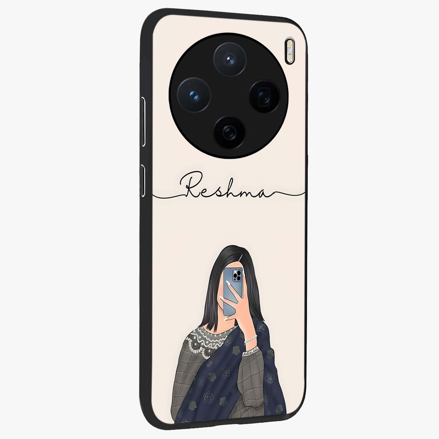 Mirror Mood Muse With Custom Name Glass Case upright view showcasing artistic mirror themed artwork with personalized aesthetic.