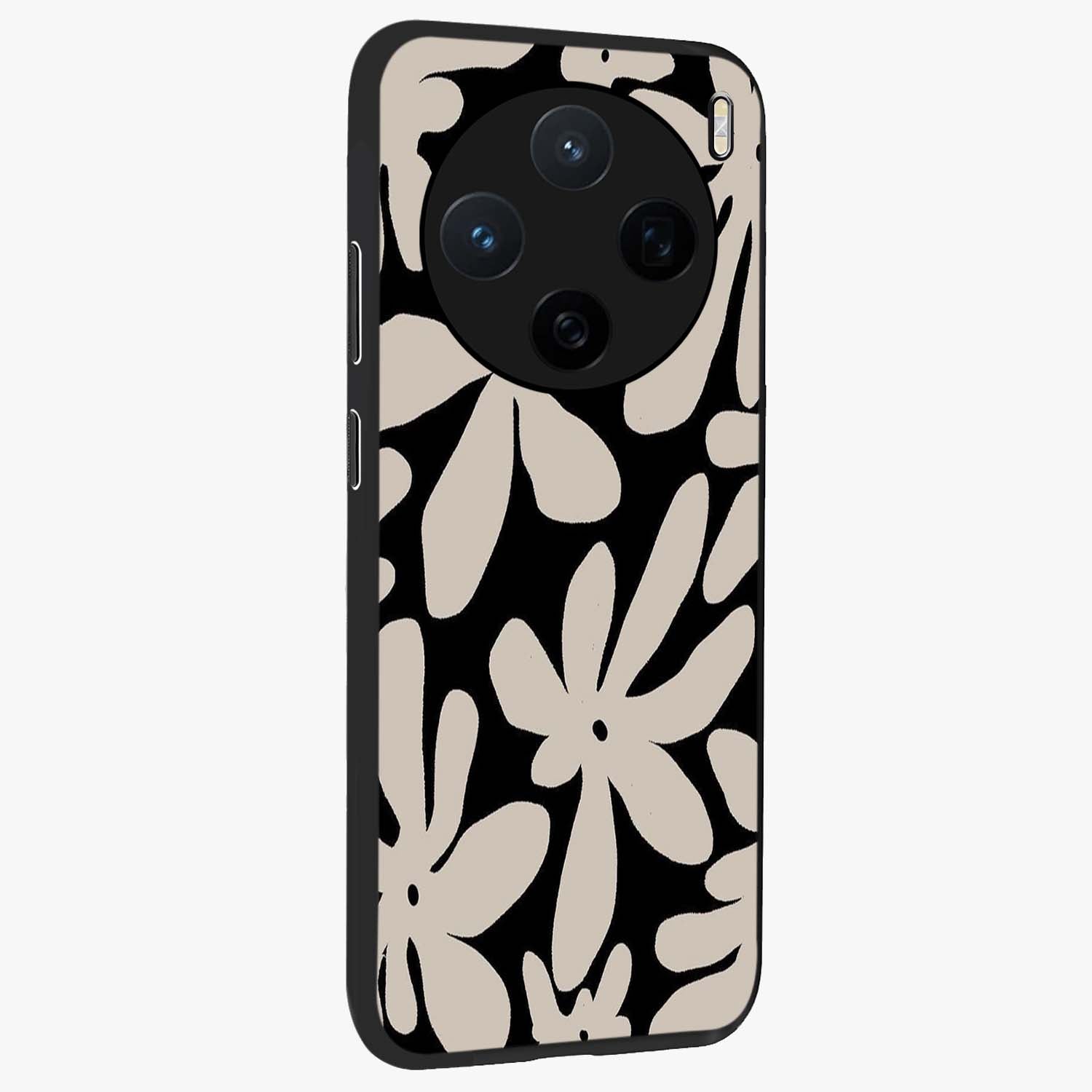 Monochrome Petal Dance Glass Case upright view showcasing artistic floral pattern with stylish monochrome theme.