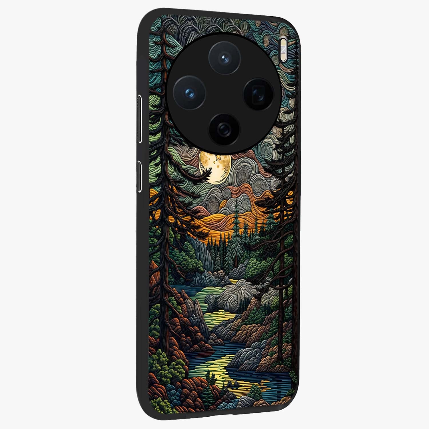 Moonlight Forest Dream Glass Case upright view showcasing magical forest artwork with calm night theme.