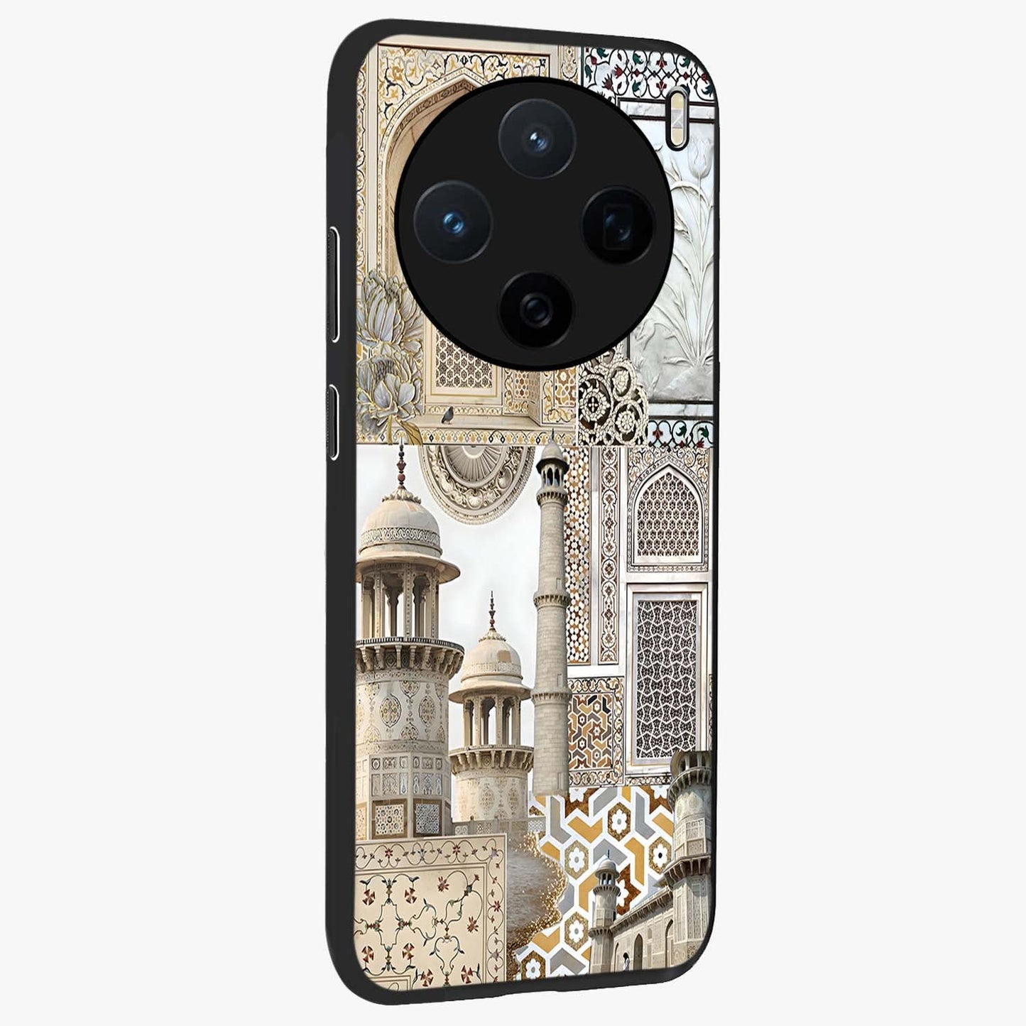 Mughal Marble Legacy Glass Case upright view showcasing ornate Mughal design with luxurious traditional theme.