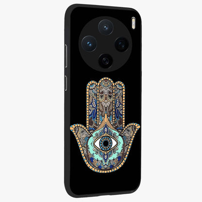 Mystic Hamsa Eye Glass Case upright view showcasing detailed hamsa eye artwork with protective spiritual theme.
