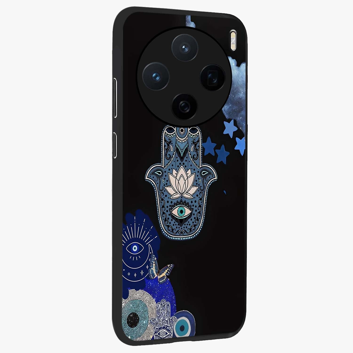 Mystic Hand Aura Glass Case upright view showcasing symbolic hand artwork with mystical energy theme.