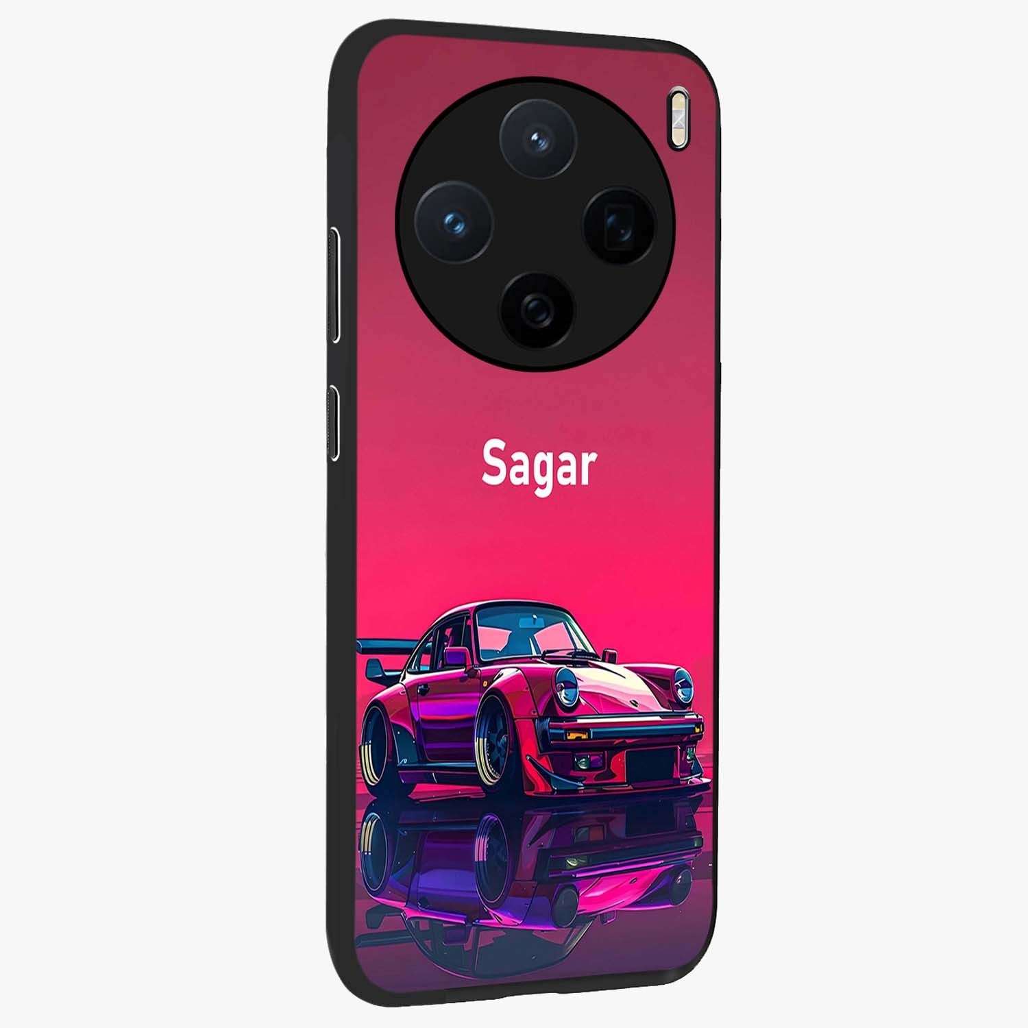 Neon Pink Porsche Glass Case upright view showcasing vibrant sports car artwork with bold automotive theme.