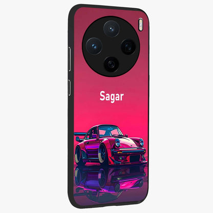 Neon Pink Porsche Glass Case upright view showcasing vibrant sports car artwork with bold automotive theme.