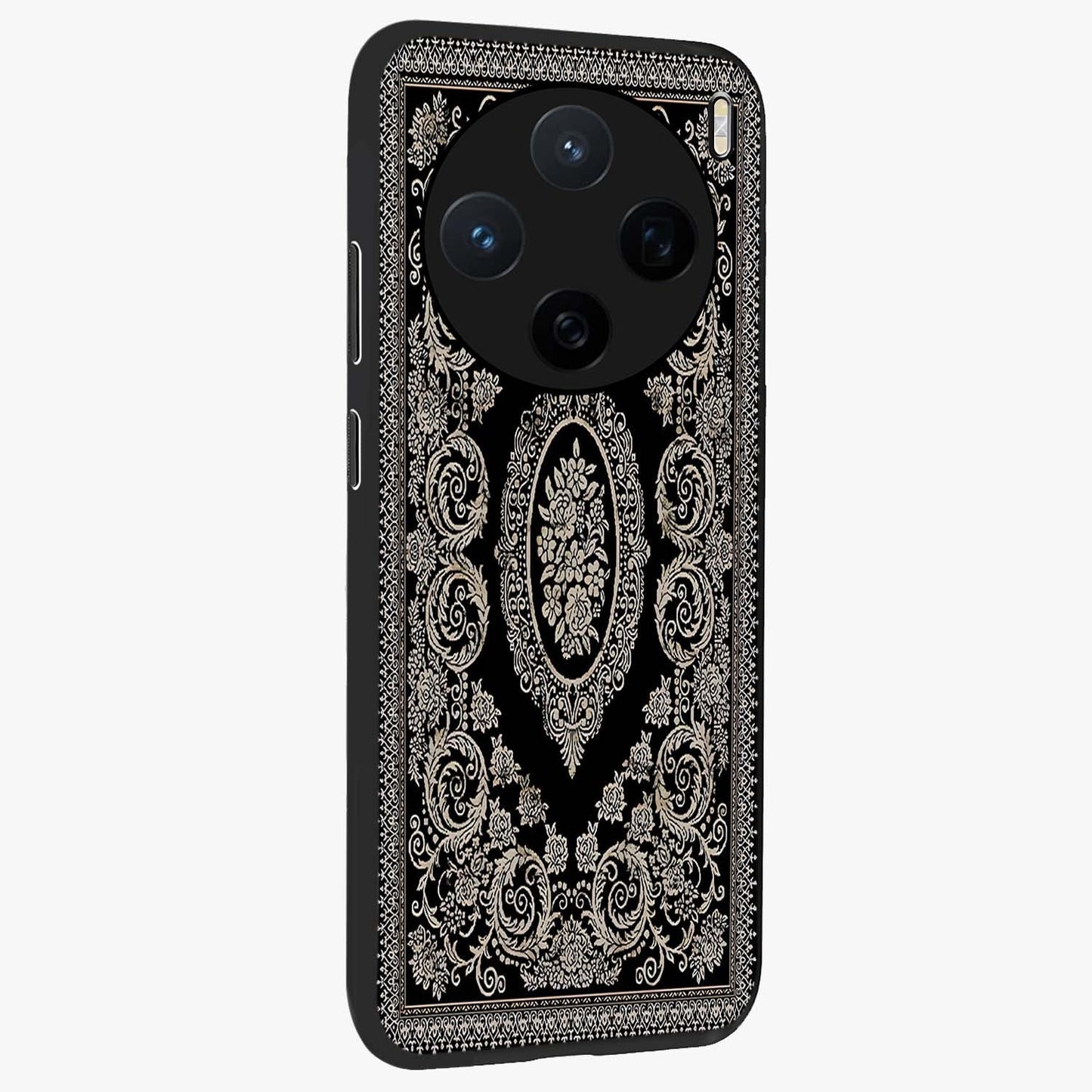 Noir Bloom Elegance Glass Case upright view showcasing graceful floral artwork with luxurious dark theme.