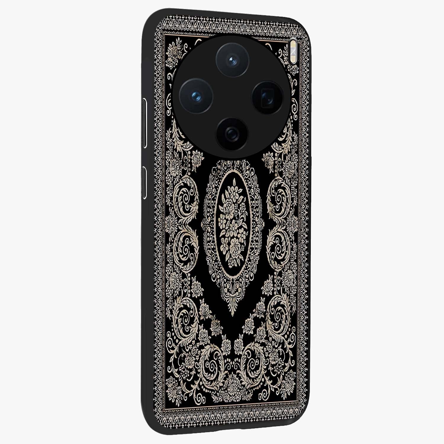 Noir Bloom Elegance Glass Case upright view showcasing graceful floral artwork with luxurious dark theme.