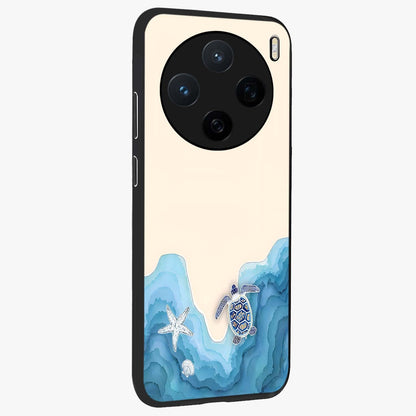 Ocean Drift Turtle Glass Case upright view showcasing calm underwater turtle artwork with nature inspired theme.