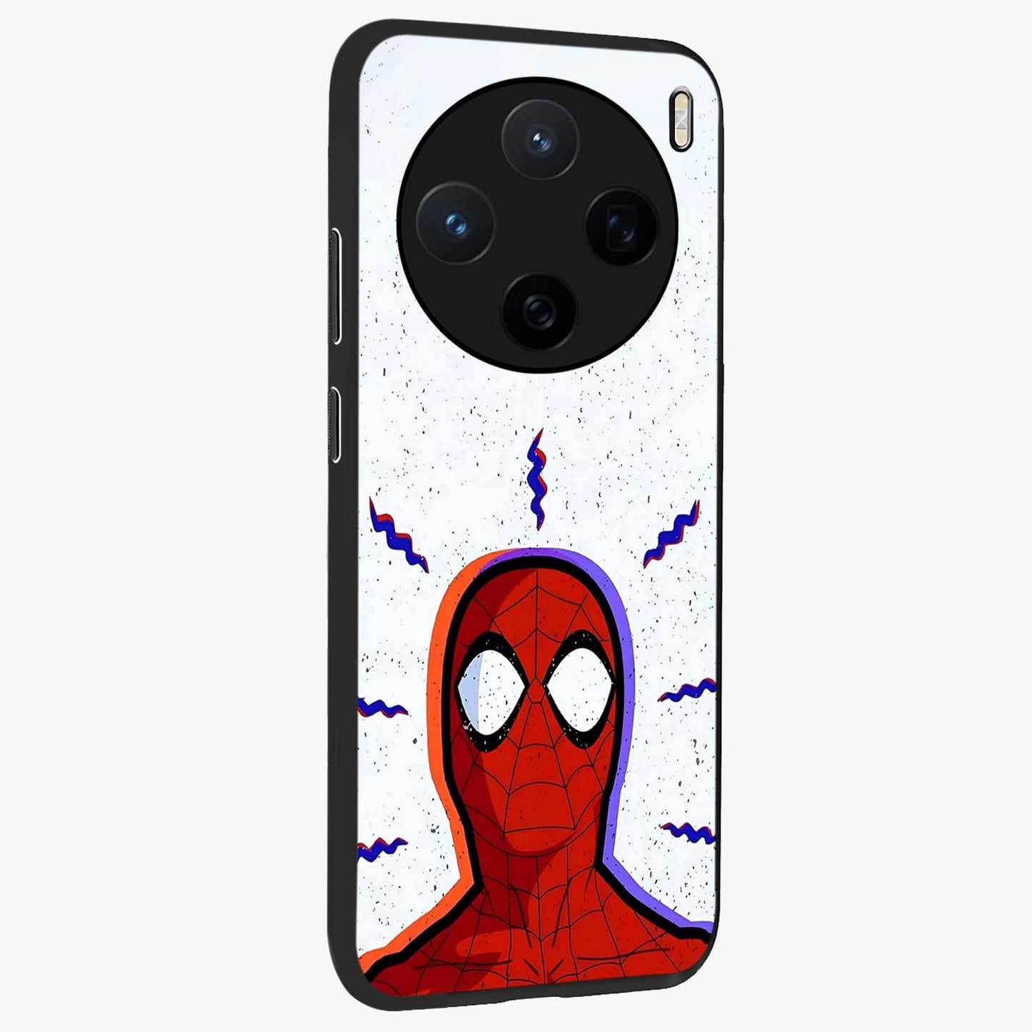Omg Spiderman Glass Case upright view showcasing energetic superhero artwork with vibrant comic theme.