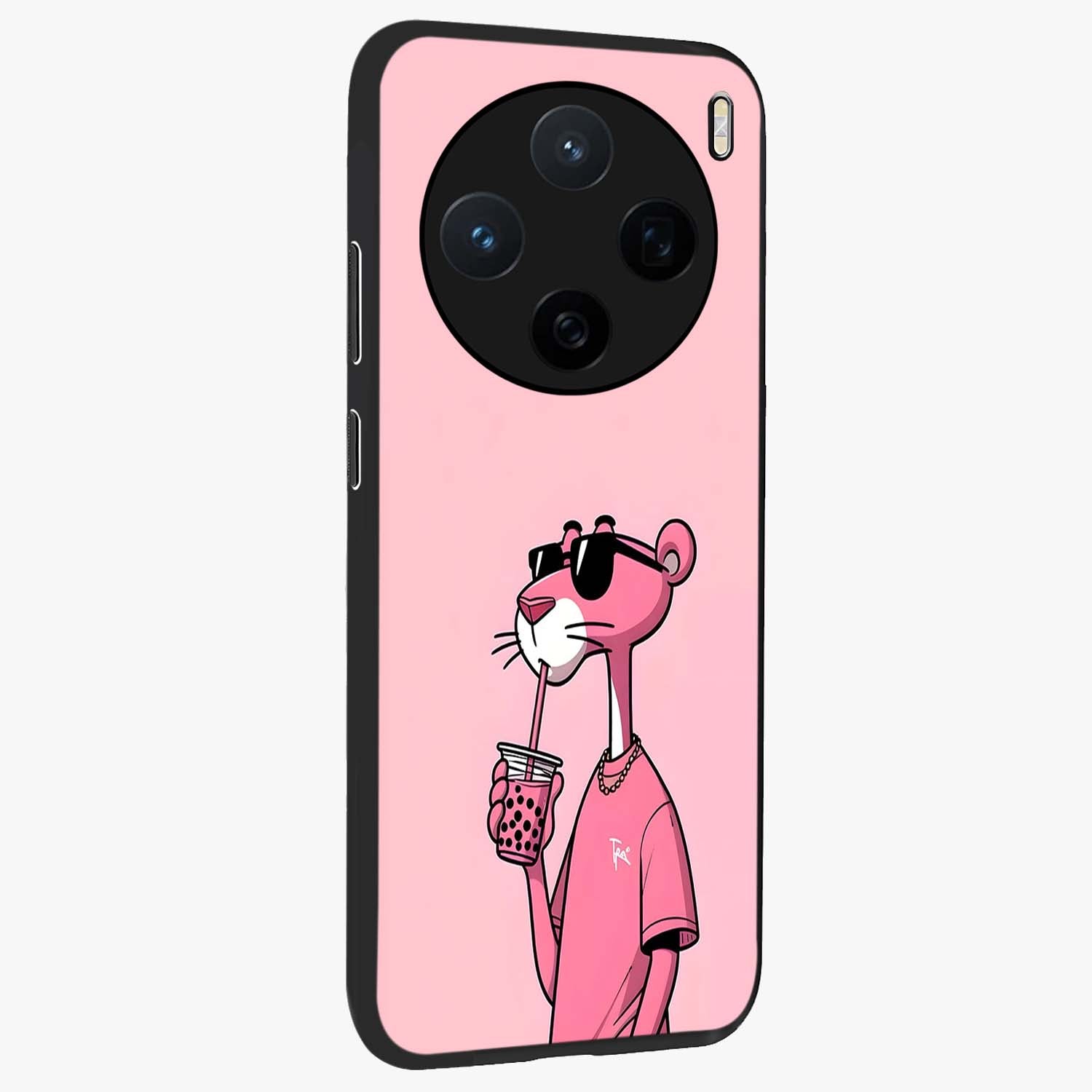 Pink Panther Glass Case upright view showcasing fun animated artwork with stylish retro cartoon theme.