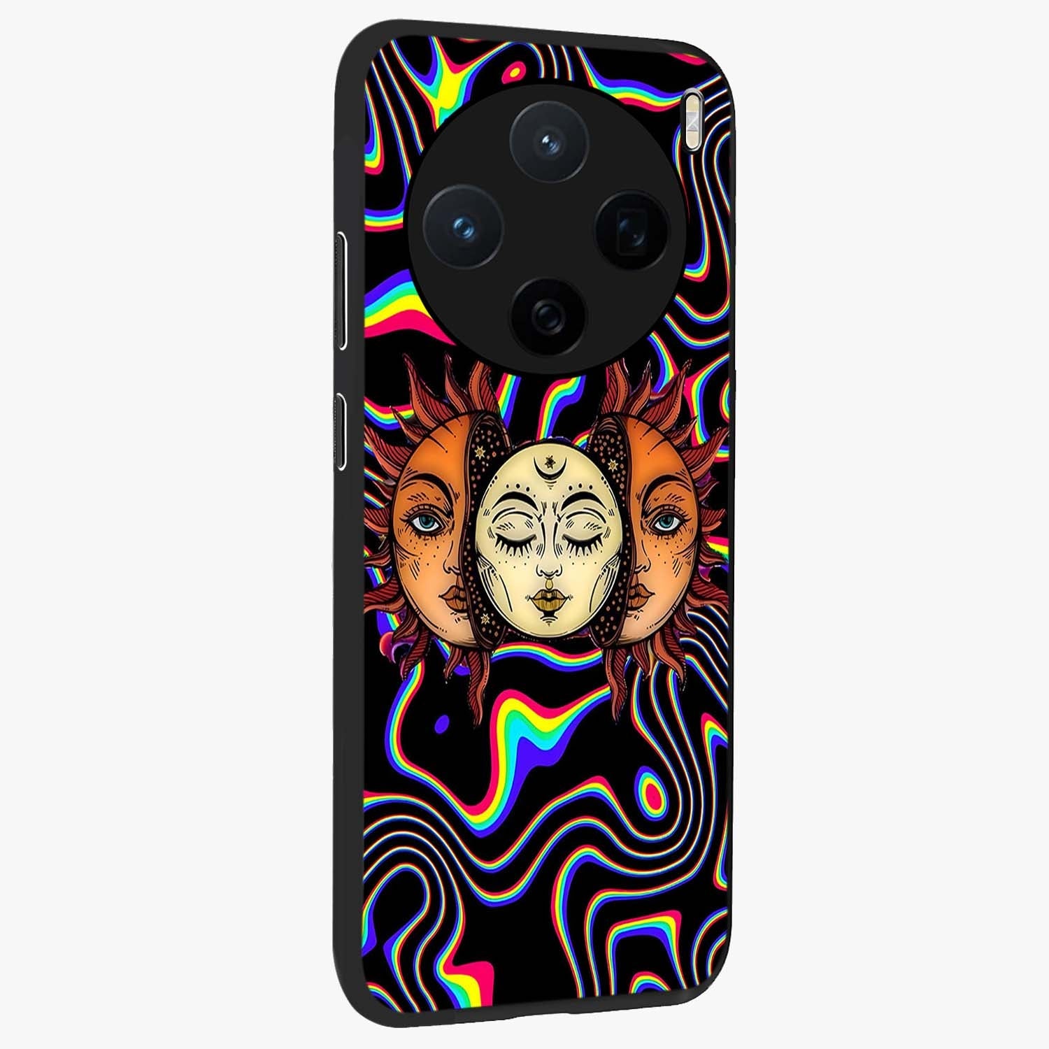 Psychedelic Sun Glass Case upright view showcasing trippy sun artwork with bold psychedelic theme.